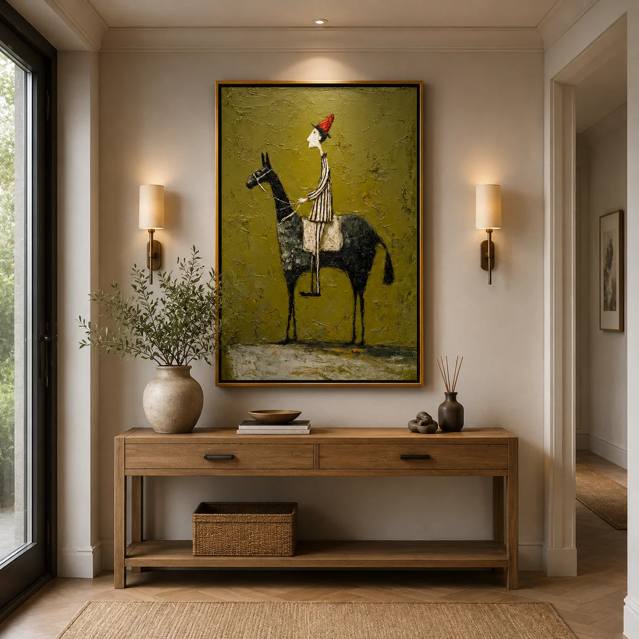 Whimsical Horse Rider Hand-Painted Oil Painting, Textured Green Wall Art for Eclectic Home Decor#OA 0986