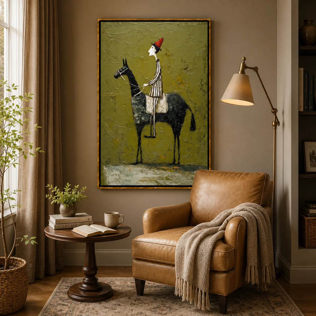 Whimsical Horse Rider Hand-Painted Oil Painting, Textured Green Wall Art for Eclectic Home Decor#OA 0986