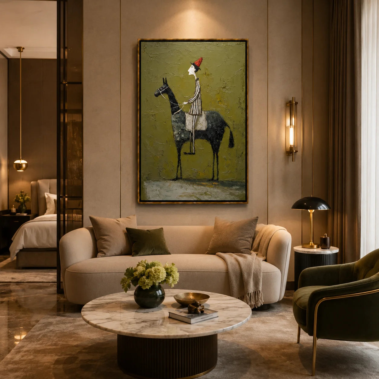 Whimsical Horse Rider Hand-Painted Oil Painting, Textured Green Wall Art for Eclectic Home Decor#OA 0986