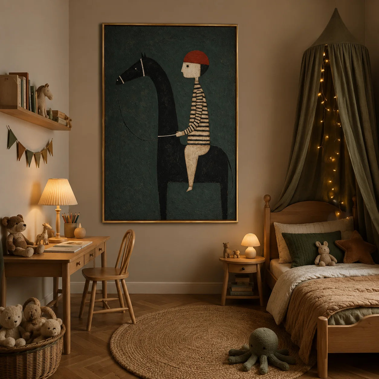 Whimsical Horse Rider Hand-Painted Oil Painting, Textured Modern Folk Art Wall Decor for Kids Room and Home#OA 0961