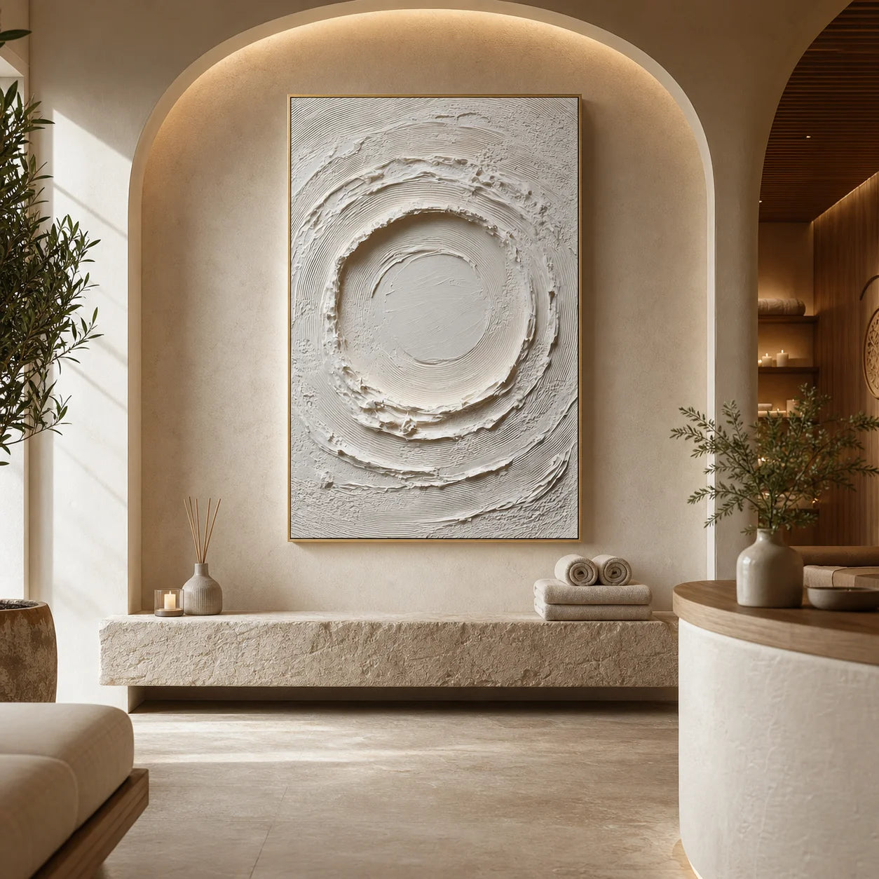 White Circular Textured Wall Art | Wabi-Sabi Impasto Canvas Artwork for Living Room, Bedroom & Office # 1093