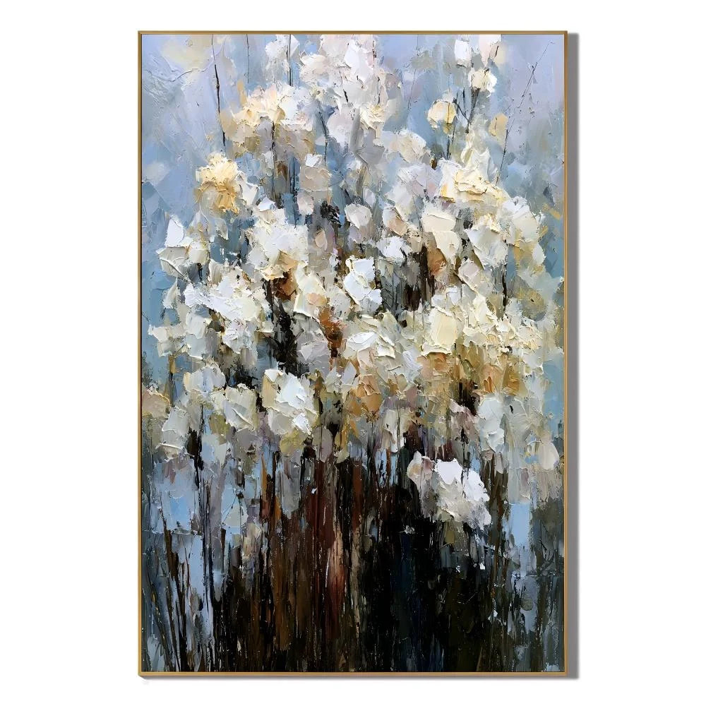White Floral Hand-Painted Oil Painting on Blue Gray Background | Textured Palette Knife Abstract Garden Wall Art for Modern Interiors