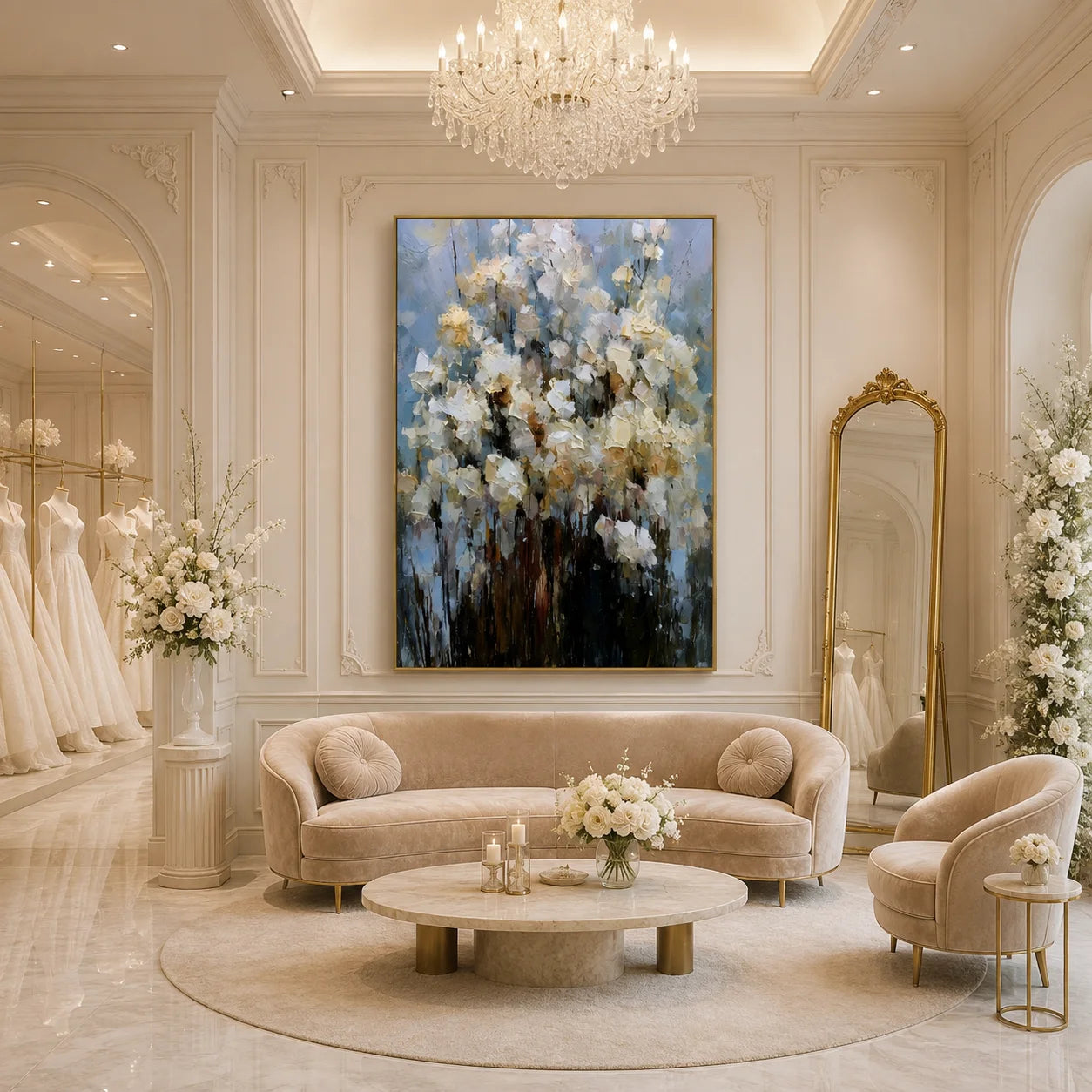 White Floral Hand-Painted Oil Painting on Blue Gray Background | Textured Palette Knife Abstract Garden Wall Art for Modern Interiors