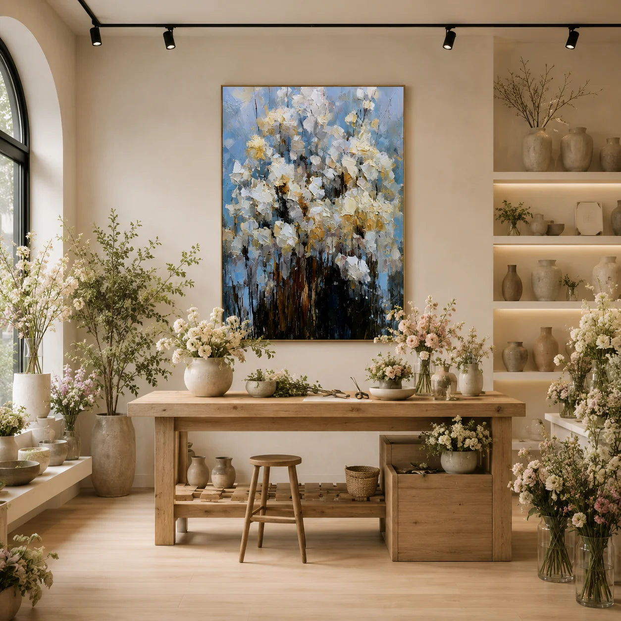 White Floral Hand-Painted Oil Painting on Blue Gray Background | Textured Palette Knife Abstract Garden Wall Art for Modern Interiors