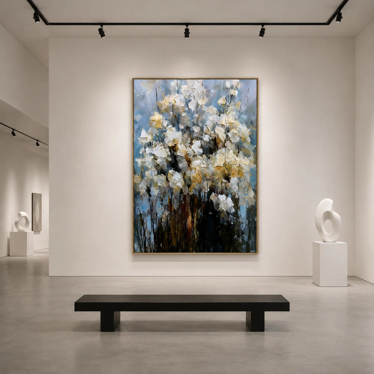 White Floral Hand-Painted Oil Painting on Blue Gray Background | Textured Palette Knife Abstract Garden Wall Art for Modern Interiors