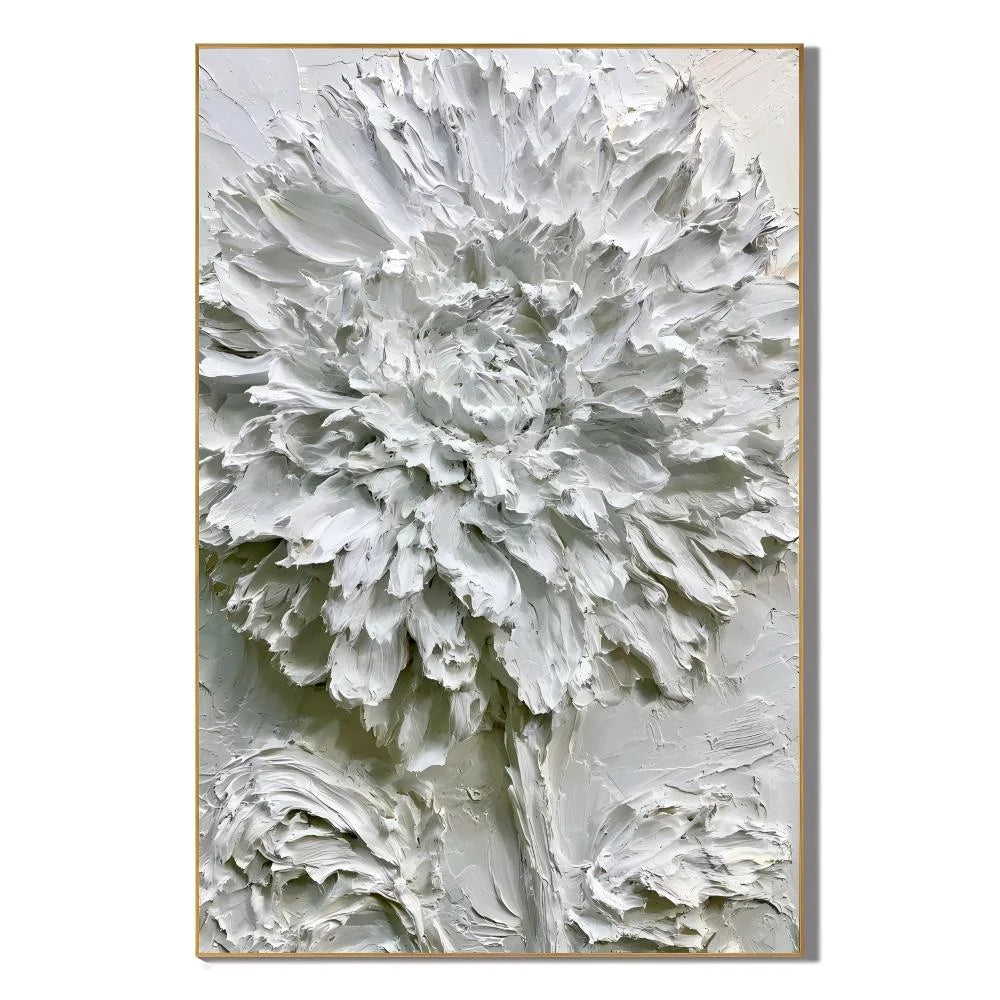 White Peony Textured Hand-Painted Oil Painting | Dimensional Palette Knife Floral Wall Art for Modern Living Room, Bedroom and Entryway
