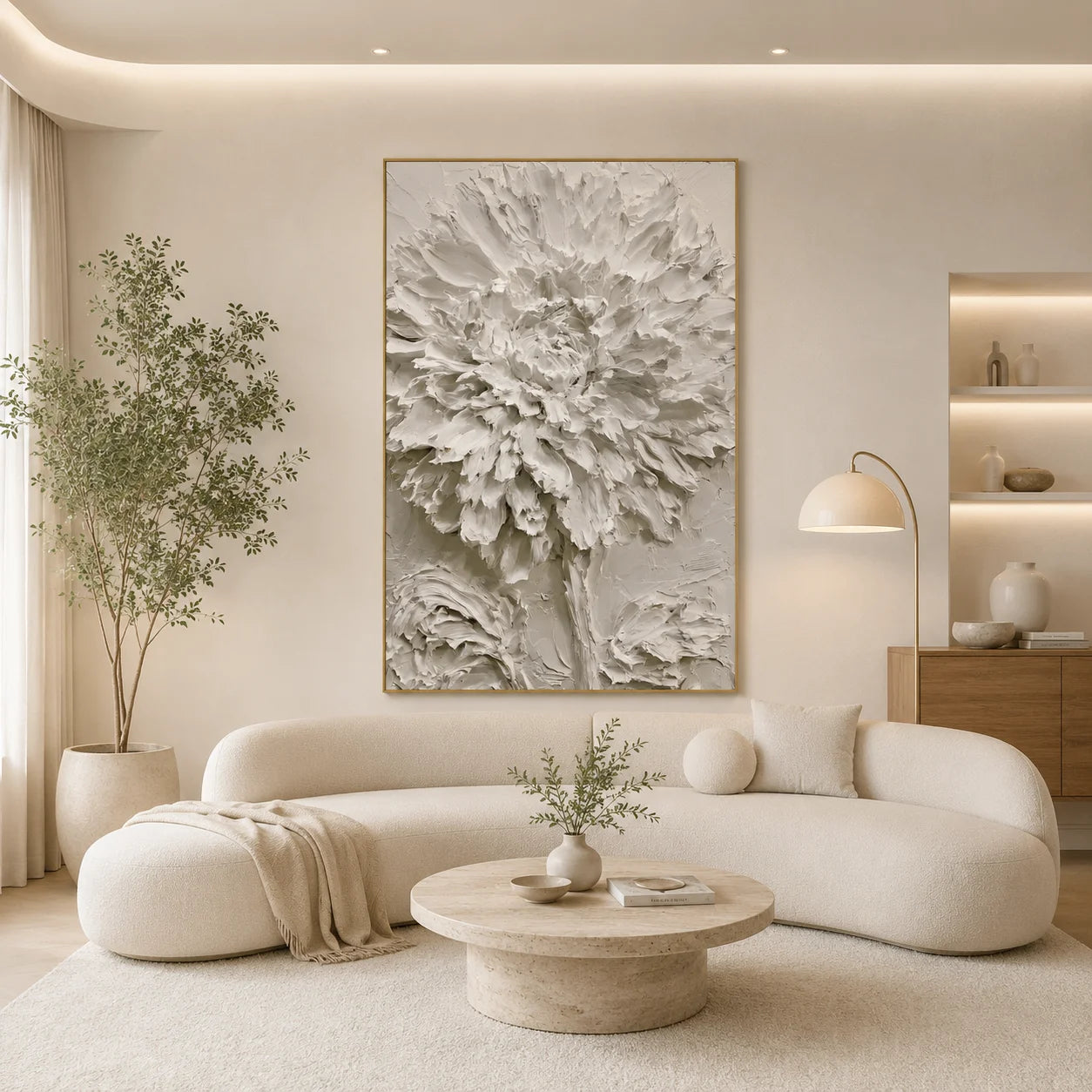 White Peony Textured Hand-Painted Oil Painting | Dimensional Palette Knife Floral Wall Art for Modern Living Room, Bedroom and Entryway