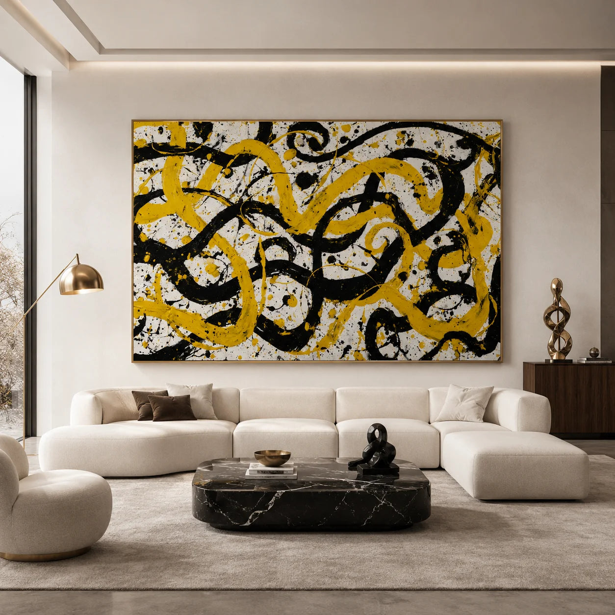 Yellow Black Abstract Hand-Painted Oil Painting, Bold Modern Graffiti Wall Art for Contemporary Decor # OA 1053