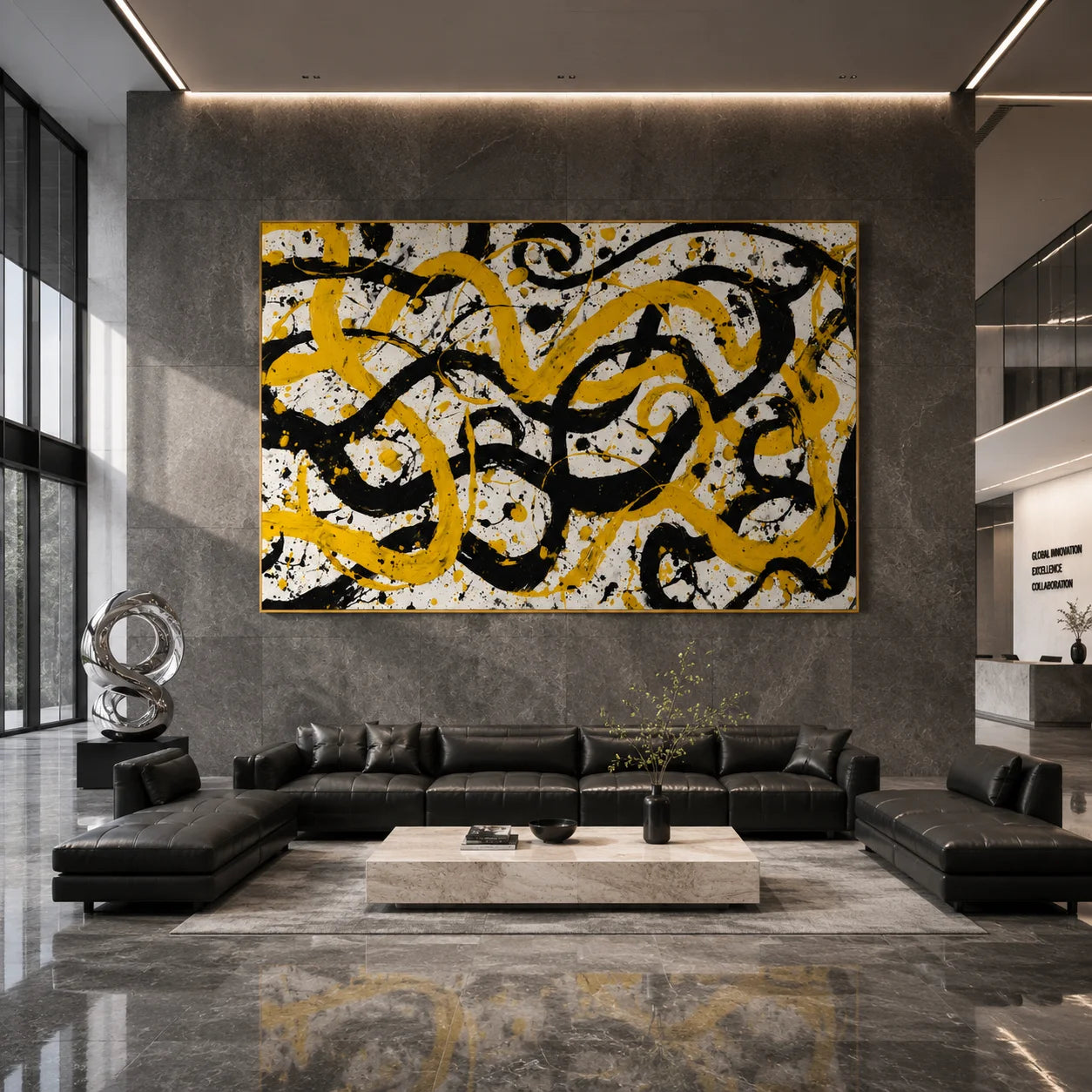 Yellow Black Abstract Hand-Painted Oil Painting, Bold Modern Graffiti Wall Art for Contemporary Decor # OA 1053