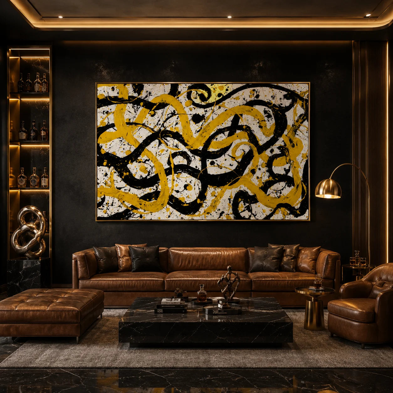 Yellow Black Abstract Hand-Painted Oil Painting, Bold Modern Graffiti Wall Art for Contemporary Decor # OA 1053