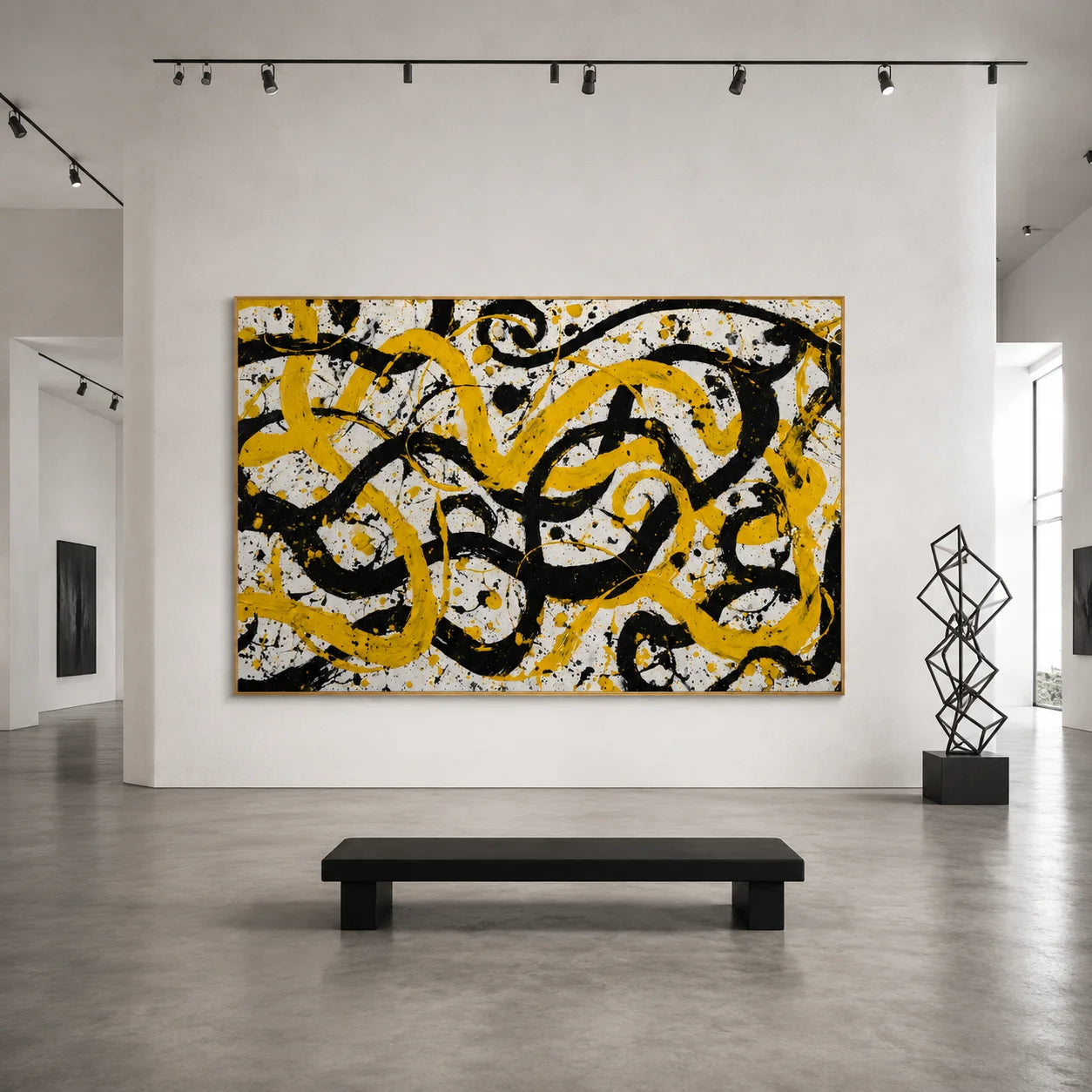 Yellow Black Abstract Hand-Painted Oil Painting, Bold Modern Graffiti Wall Art for Contemporary Decor # OA 1053