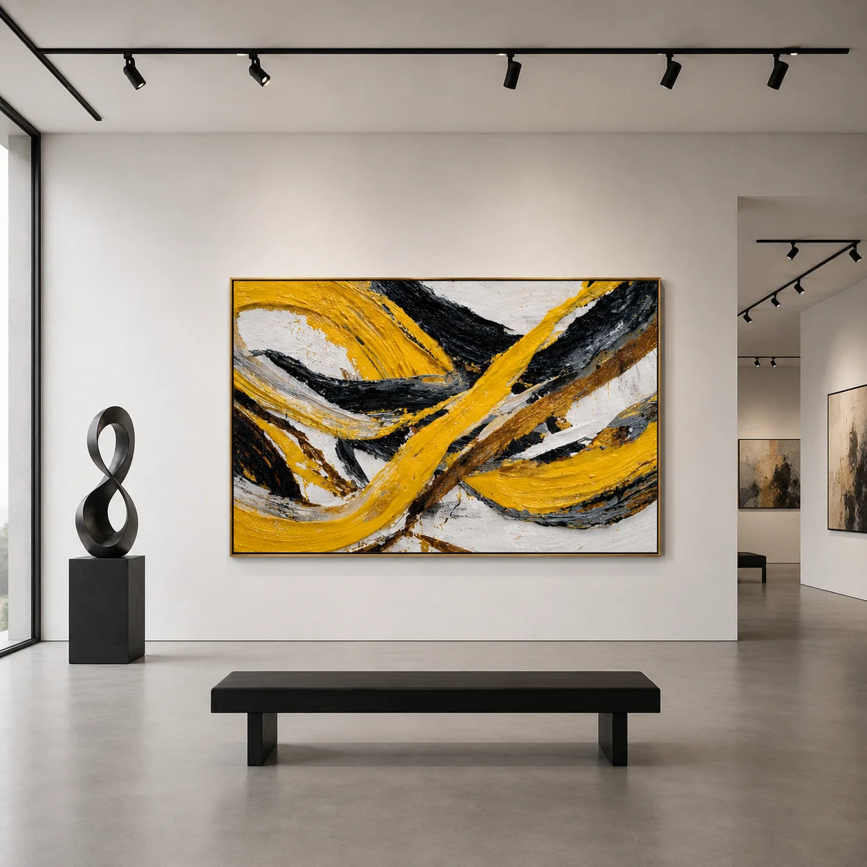 Yellow Black Abstract Hand-Painted Oil Painting | Modern Horizontal Textured Wall Art # OA 1034