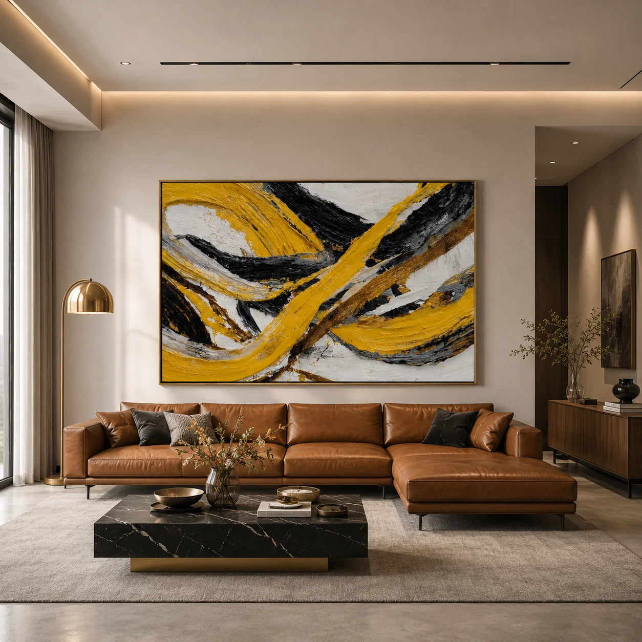 Yellow Black Abstract Hand-Painted Oil Painting | Modern Horizontal Textured Wall Art # OA 1034