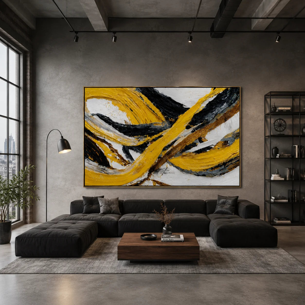 Yellow Black Abstract Hand-Painted Oil Painting | Modern Horizontal Textured Wall Art # OA 1034