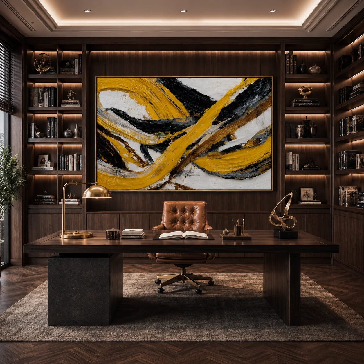 Yellow Black Abstract Hand-Painted Oil Painting | Modern Horizontal Textured Wall Art # OA 1034