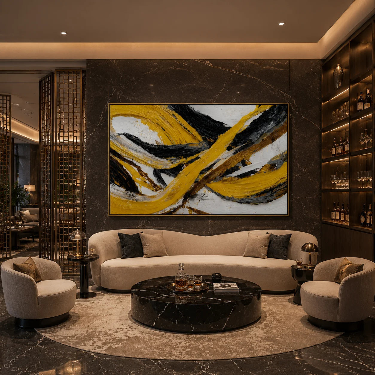 Yellow Black Abstract Hand-Painted Oil Painting | Modern Horizontal Textured Wall Art # OA 1034