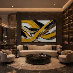 Yellow Black Abstract Hand-Painted Oil Painting | Modern Horizontal Textured Wall Art # OA 1034