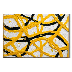Yellow Black Abstract Hand-Painted Oil Painting, Modern Textured Line Wall Art for Contemporary Decor # OA 1062