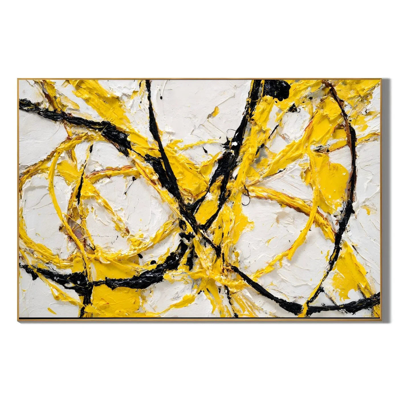 Yellow Black Abstract Hand-Painted Oil Painting, Modern Textured Line Wall Art for Contemporary Decor # OA 1066