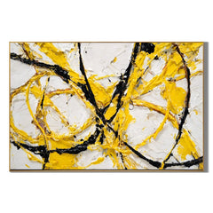 Yellow Black Abstract Hand-Painted Oil Painting, Modern Textured Line Wall Art for Contemporary Decor # OA 1066
