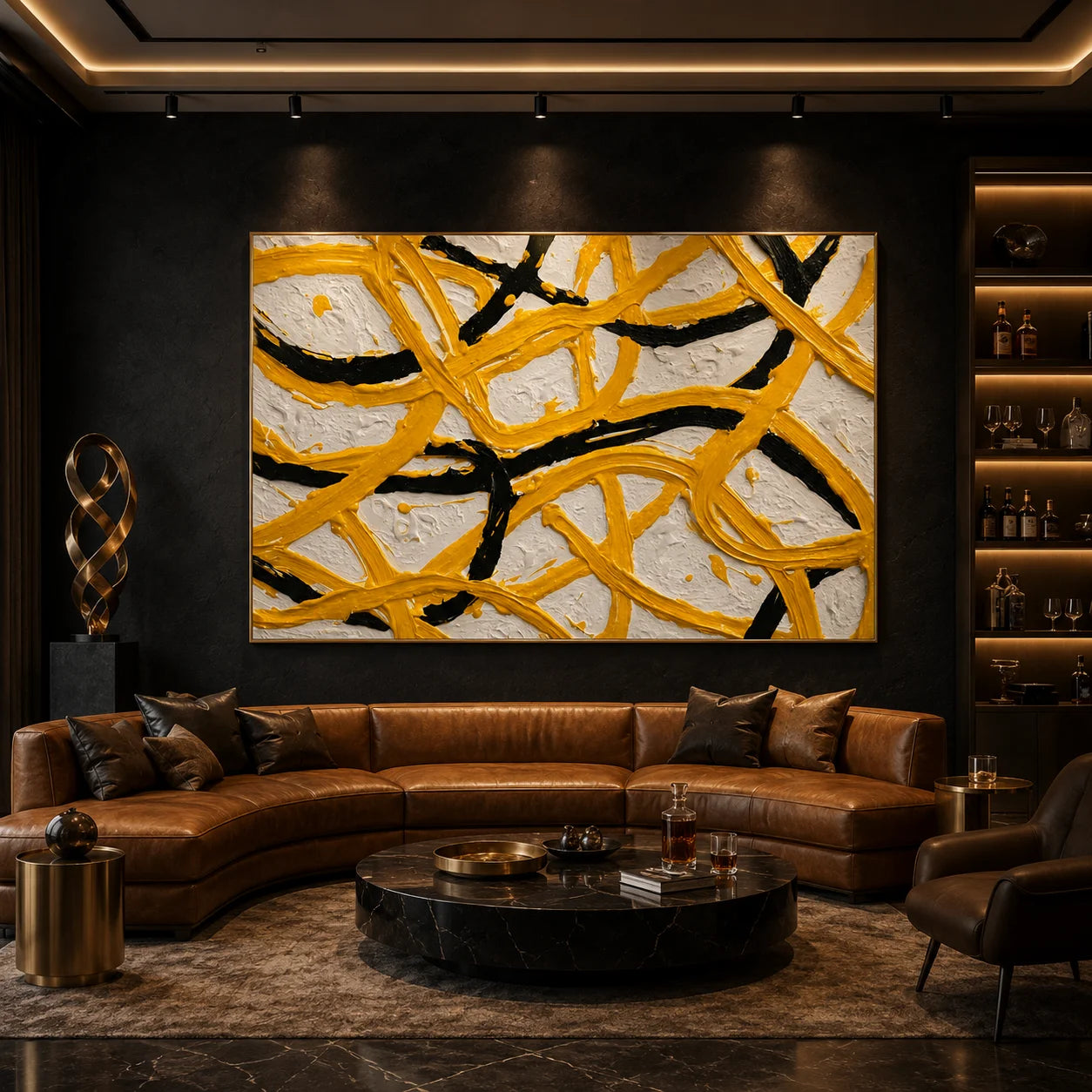 Yellow Black Abstract Hand-Painted Oil Painting, Modern Textured Line Wall Art for Contemporary Decor # OA 1062