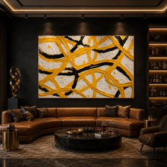 Yellow Black Abstract Hand-Painted Oil Painting, Modern Textured Line Wall Art for Contemporary Decor # OA 1062