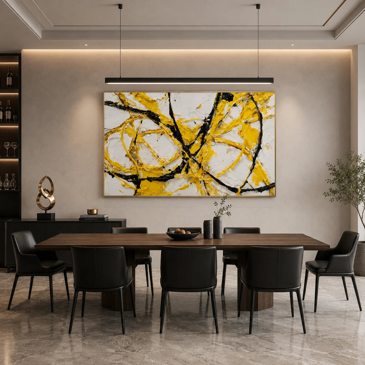 Yellow Black Abstract Hand-Painted Oil Painting, Modern Textured Line Wall Art for Contemporary Decor # OA 1066