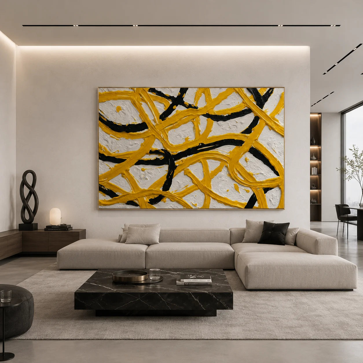 Yellow Black Abstract Hand-Painted Oil Painting, Modern Textured Line Wall Art for Contemporary Decor # OA 1062