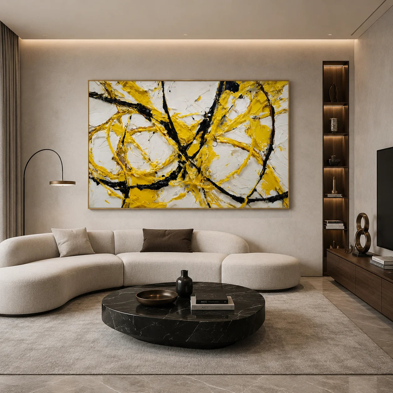 Yellow Black Abstract Hand-Painted Oil Painting, Modern Textured Line Wall Art for Contemporary Decor # OA 1066