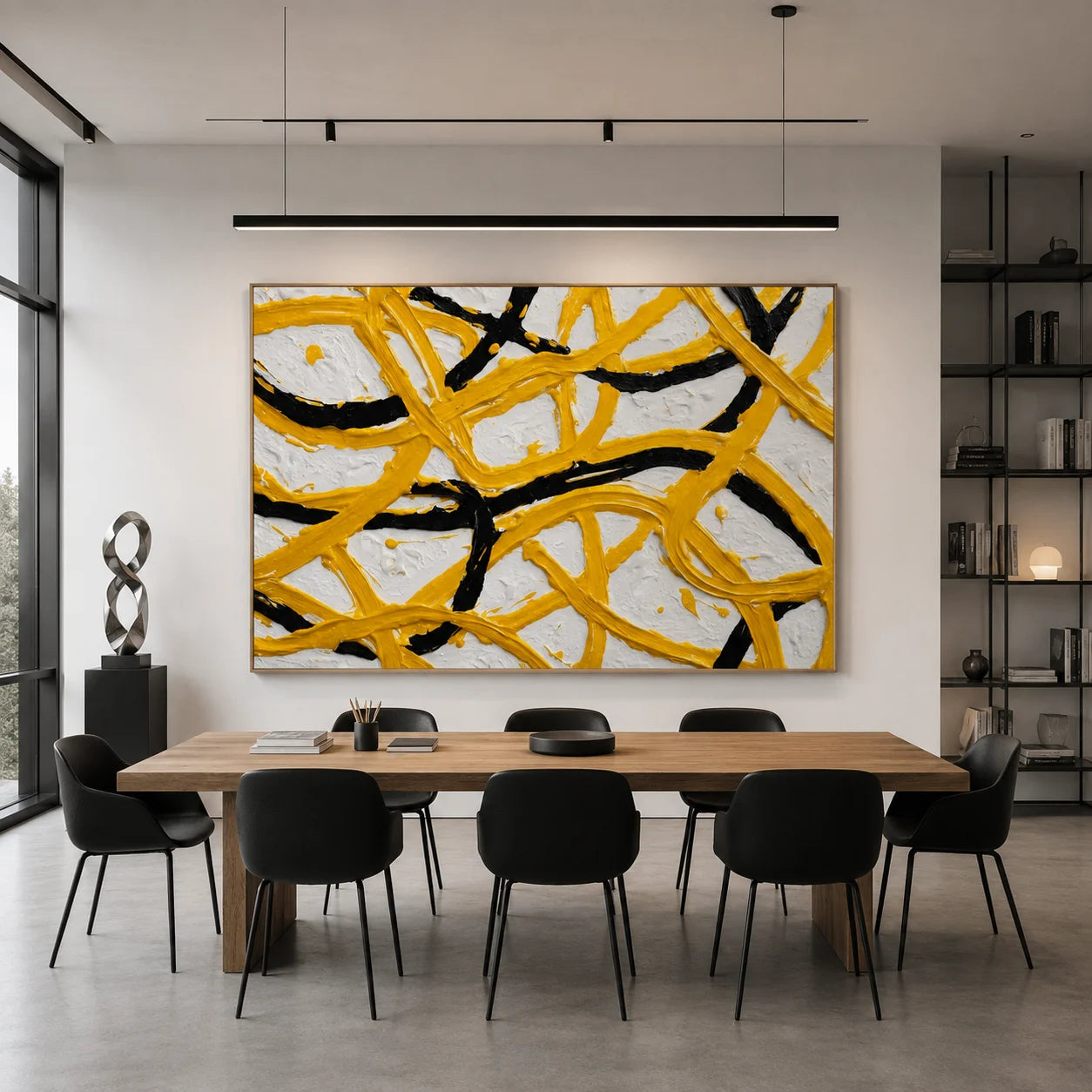 Yellow Black Abstract Hand-Painted Oil Painting, Modern Textured Line Wall Art for Contemporary Decor # OA 1062