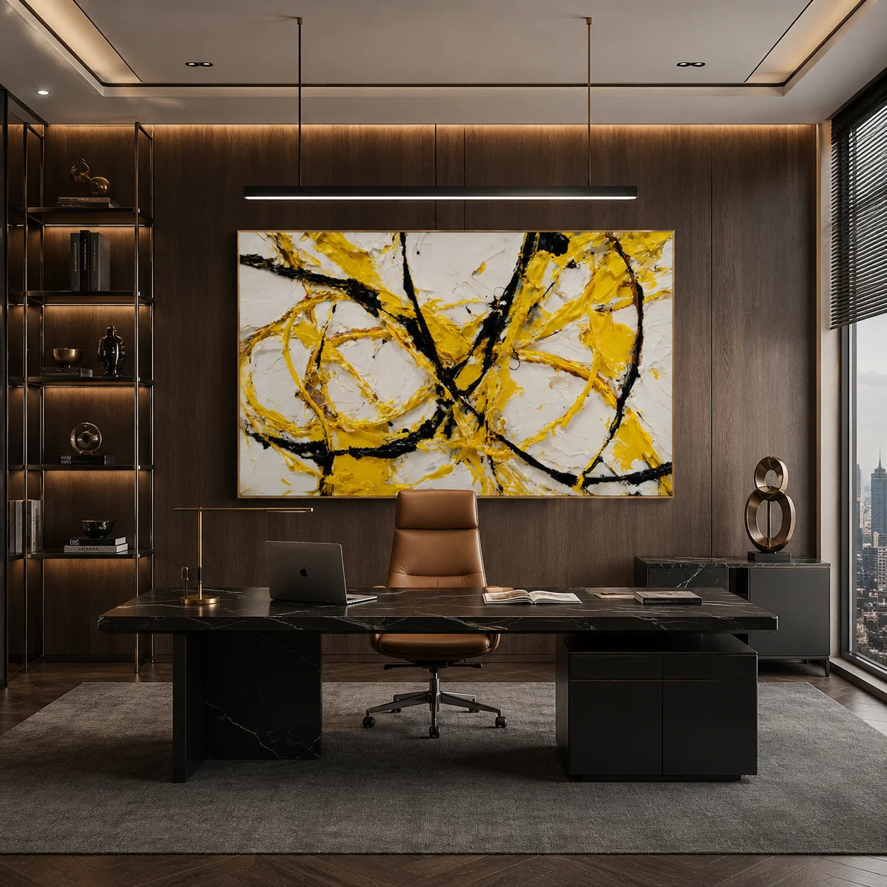 Yellow Black Abstract Hand-Painted Oil Painting, Modern Textured Line Wall Art for Contemporary Decor # OA 1066