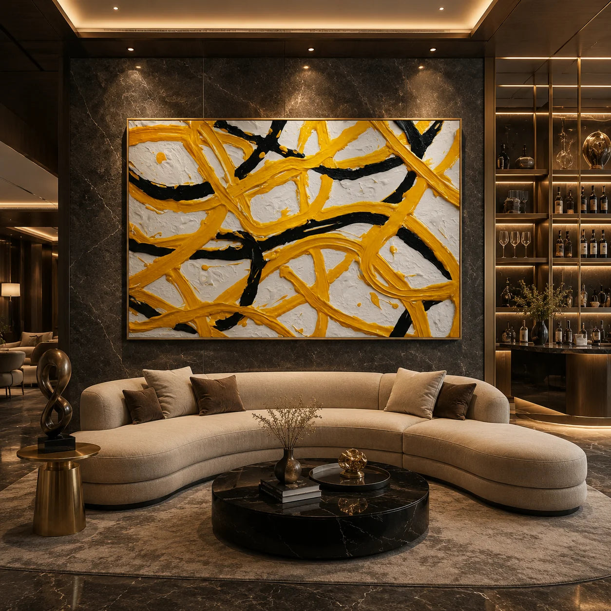 Yellow Black Abstract Hand-Painted Oil Painting, Modern Textured Line Wall Art for Contemporary Decor # OA 1062