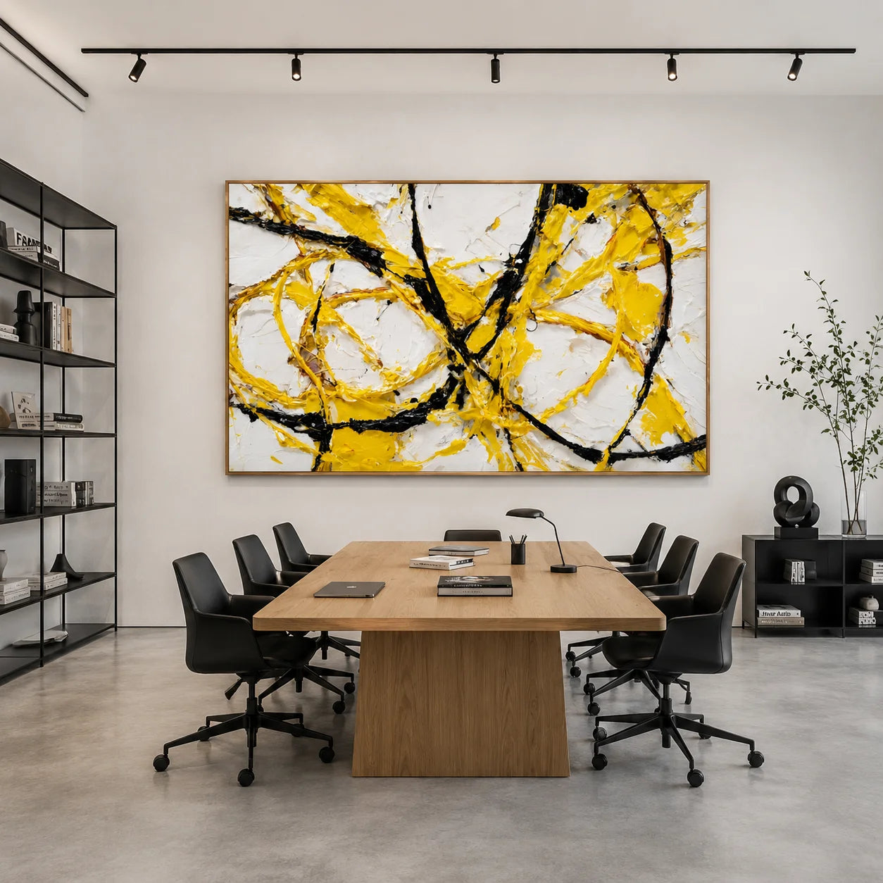 Yellow Black Abstract Hand-Painted Oil Painting, Modern Textured Line Wall Art for Contemporary Decor # OA 1066
