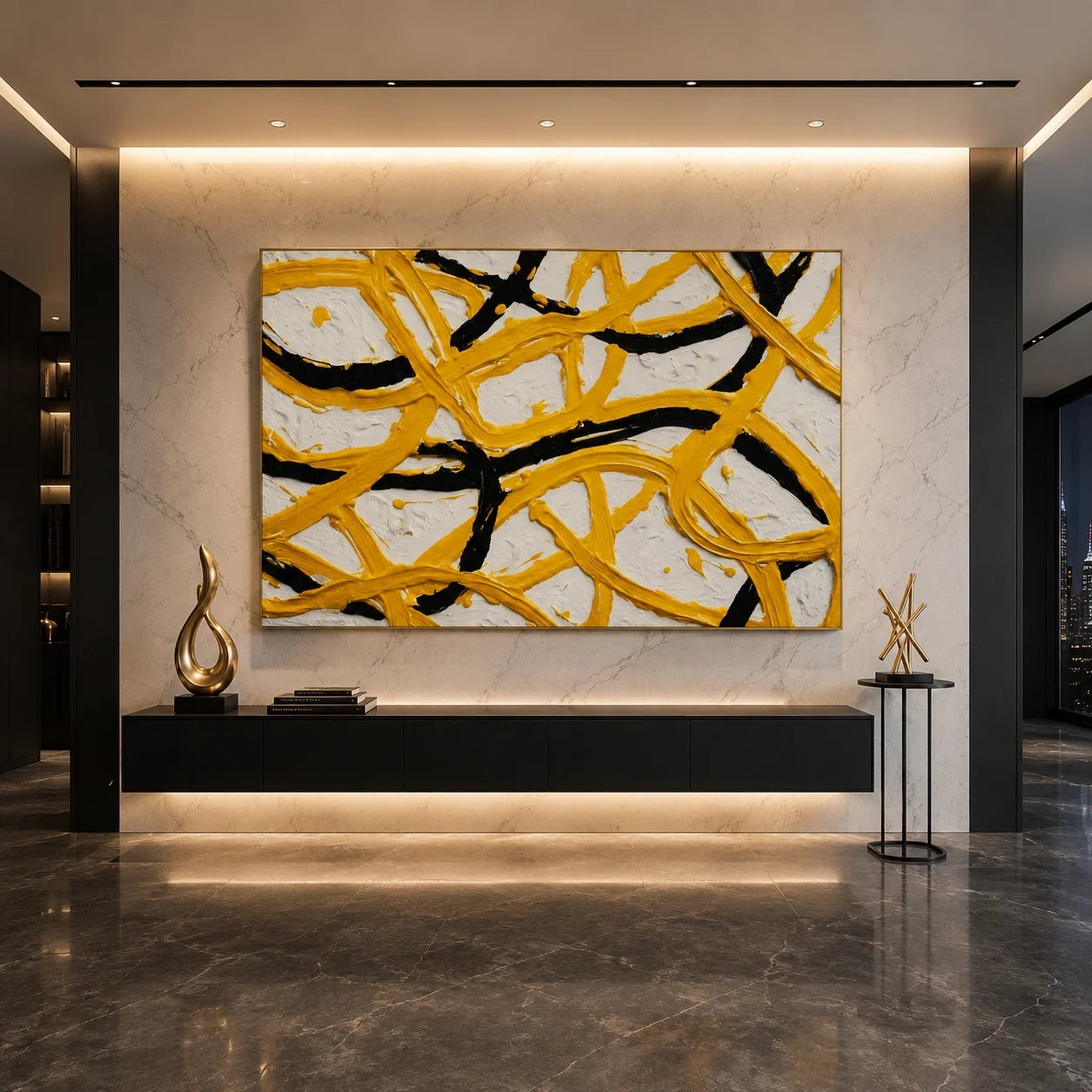 Yellow Black Abstract Hand-Painted Oil Painting, Modern Textured Line Wall Art for Contemporary Decor # OA 1062