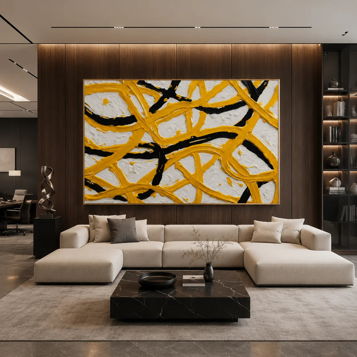 Yellow Black Abstract Hand-Painted Oil Painting, Modern Textured Line Wall Art for Contemporary Decor # OA 1062