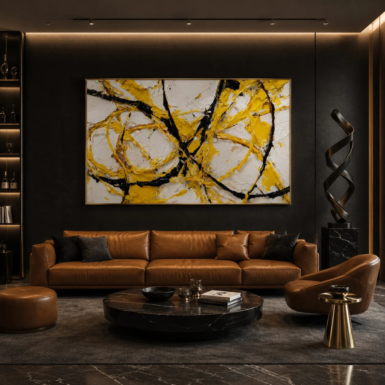 Yellow Black Abstract Hand-Painted Oil Painting, Modern Textured Line Wall Art for Contemporary Decor # OA 1066