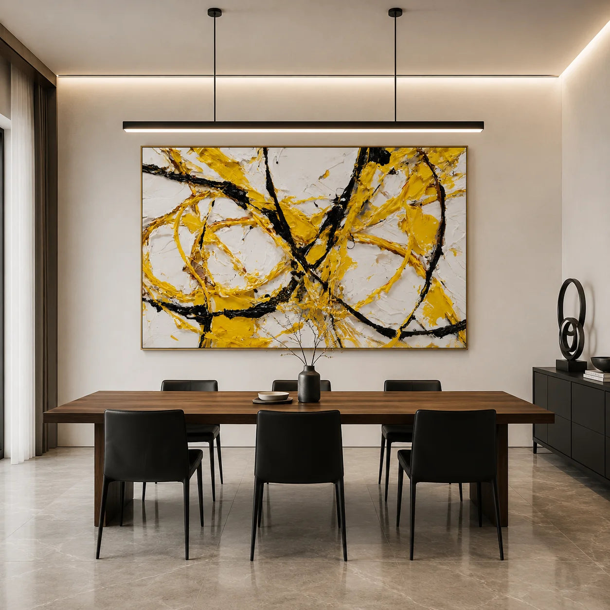Yellow Black Abstract Hand-Painted Oil Painting, Modern Textured Line Wall Art for Contemporary Decor # OA 1066