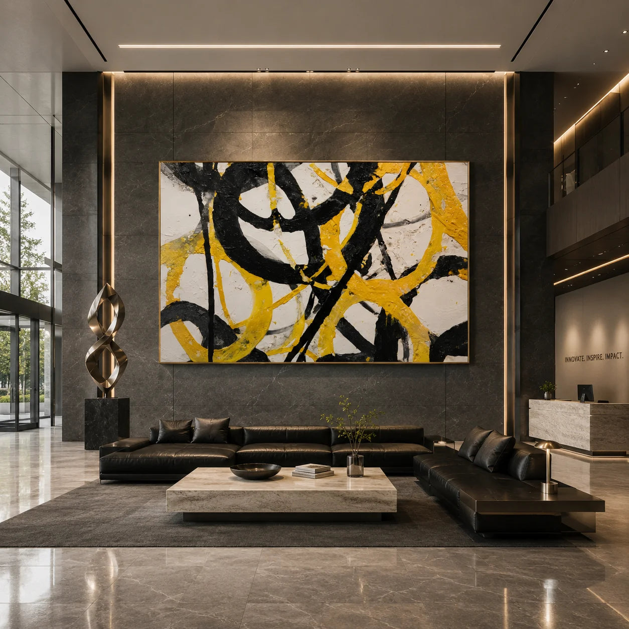 Yellow Black Abstract Hand-Painted Oil Painting, Modern Textured Wall Art for Contemporary Home Decor # OA 1051
