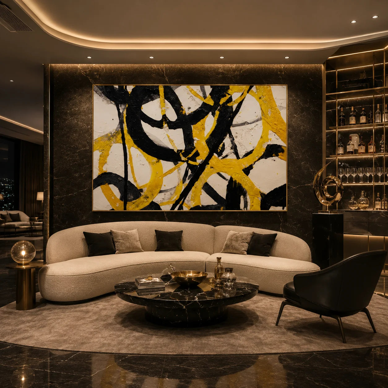 Yellow Black Abstract Hand-Painted Oil Painting, Modern Textured Wall Art for Contemporary Home Decor # OA 1051