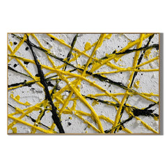 Yellow Black Geometric Abstract Hand-Painted Oil Painting, Modern Textured Line Wall Art # OA 1065