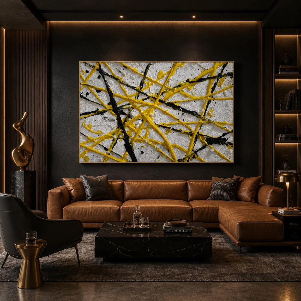 Yellow Black Geometric Abstract Hand-Painted Oil Painting, Modern Textured Line Wall Art # OA 1065
