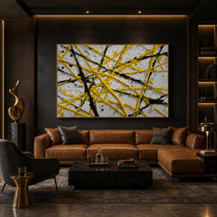 Yellow Black Geometric Abstract Hand-Painted Oil Painting, Modern Textured Line Wall Art # OA 1065