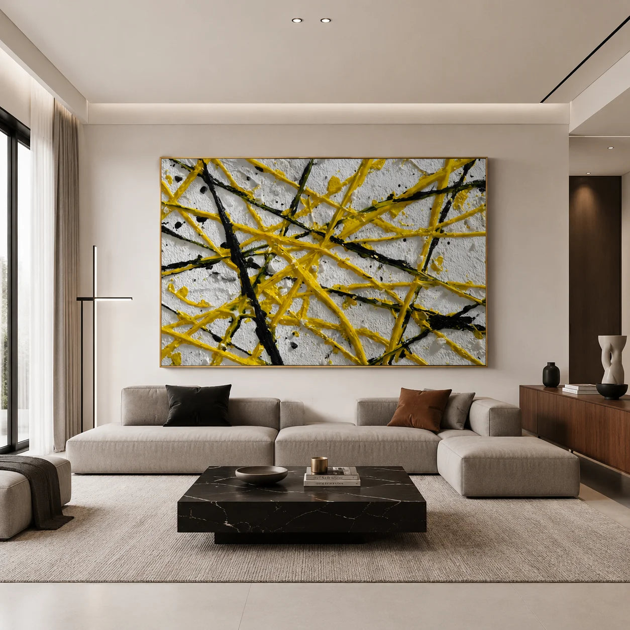 Yellow Black Geometric Abstract Hand-Painted Oil Painting, Modern Textured Line Wall Art # OA 1065