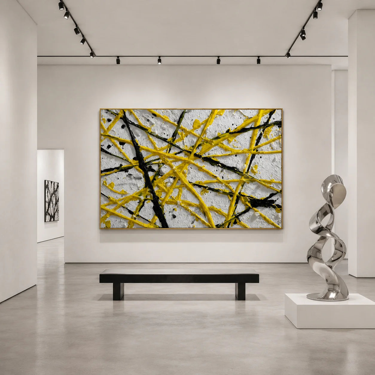 Yellow Black Geometric Abstract Hand-Painted Oil Painting, Modern Textured Line Wall Art # OA 1065