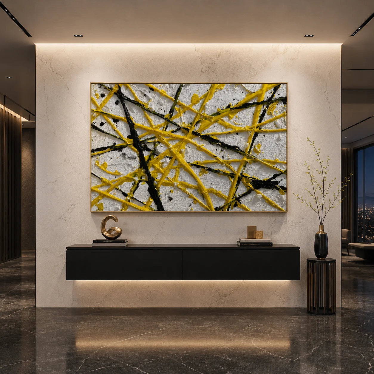 Yellow Black Geometric Abstract Hand-Painted Oil Painting, Modern Textured Line Wall Art # OA 1065