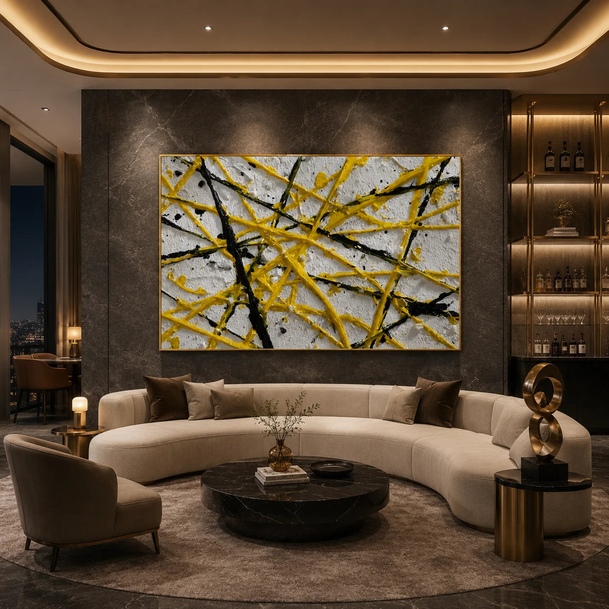Yellow Black Geometric Abstract Hand-Painted Oil Painting, Modern Textured Line Wall Art # OA 1065