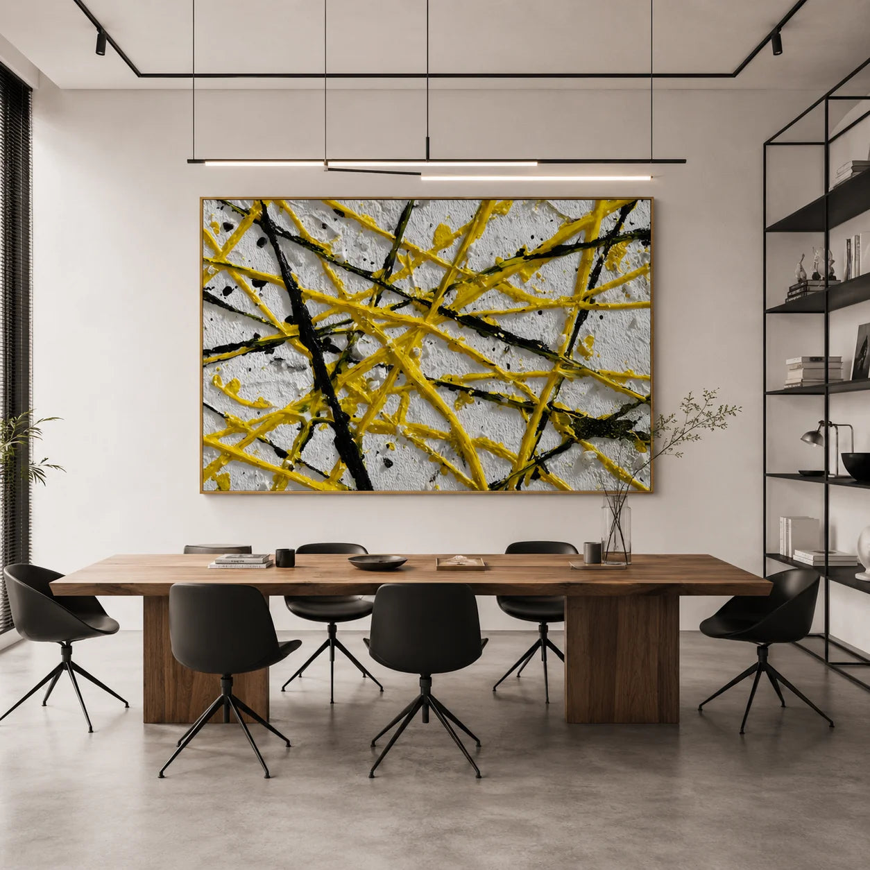 Yellow Black Geometric Abstract Hand-Painted Oil Painting, Modern Textured Line Wall Art # OA 1065