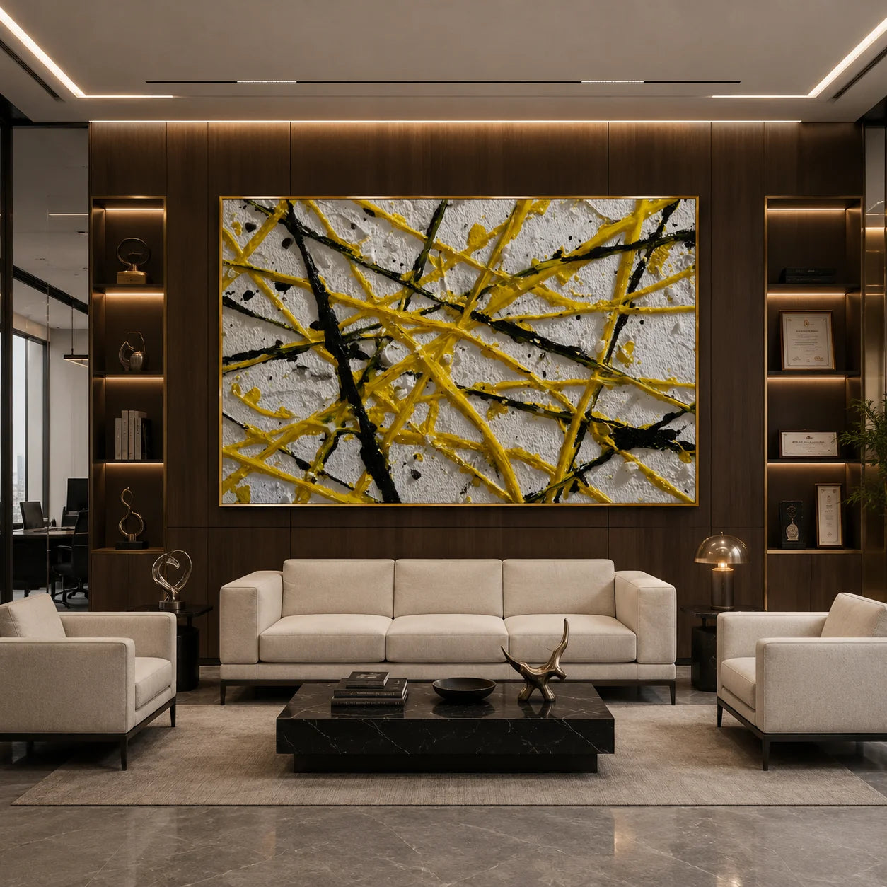 Yellow Black Geometric Abstract Hand-Painted Oil Painting, Modern Textured Line Wall Art # OA 1065