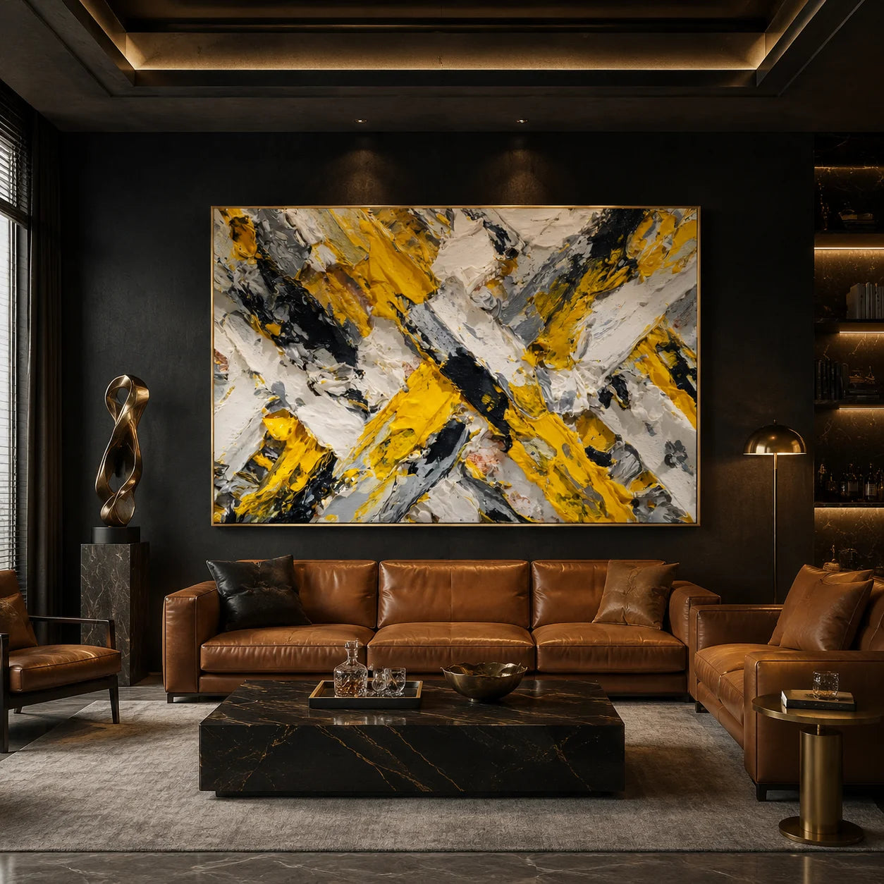 Yellow Black Gray Abstract Hand-Painted Oil Painting, Modern Textured Impasto Wall Art # OA 1061