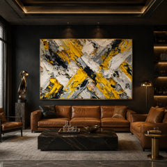 Yellow Black Gray Abstract Hand-Painted Oil Painting, Modern Textured Impasto Wall Art # OA 1061